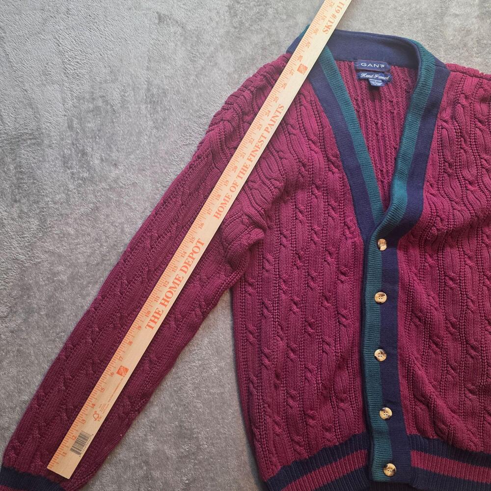 Gant Sweater Mens L Red Cable Knit V-Neck Button Front Cardigan Hand Framed - Picture 8 of 9